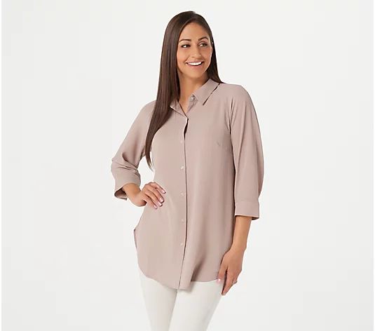 Joan Rivers 3/4 Sleeve Textured Crepe Button Front Shirt | QVC