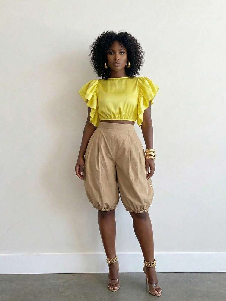 BamGlimmer Women's Fashionable Retro Hip Hop Khaki Elastic Waist Wide Leg Capri Shorts | SHEIN