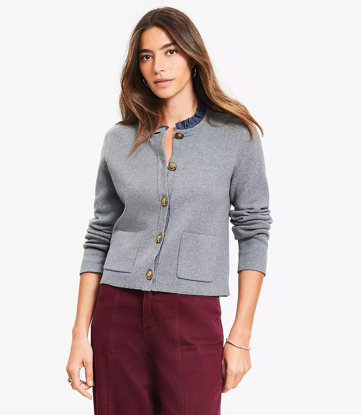 Ruffle Collar Mixed Media Sweater Jacket | LOFT