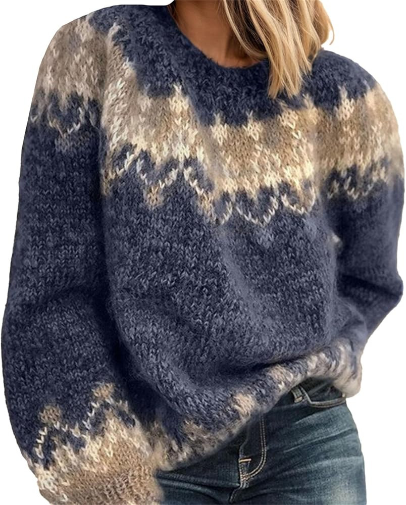Fair Isle Vintage Sweaters for Women, Trendy Fall Long Sleeve Boho Knit Tops, Casual Oversized Co... | Amazon (US)