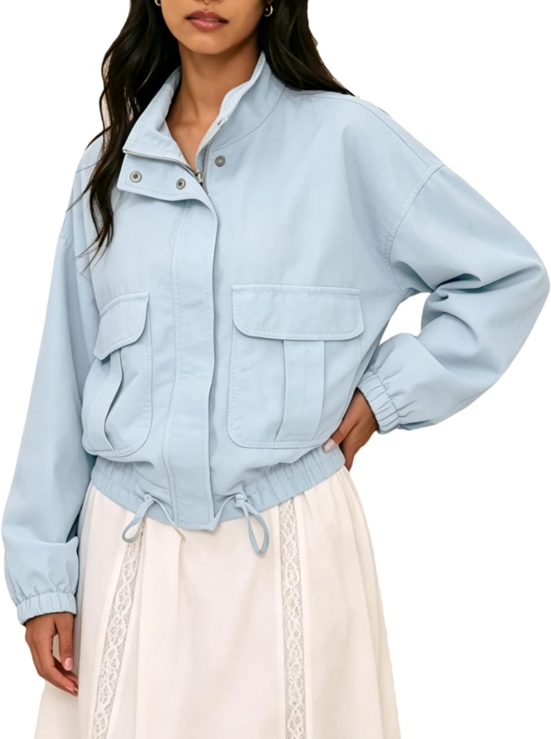 Women Cargo Jackets Zip Up Drawstring Hem Bomber Coat Outerwear | Amazon (US)