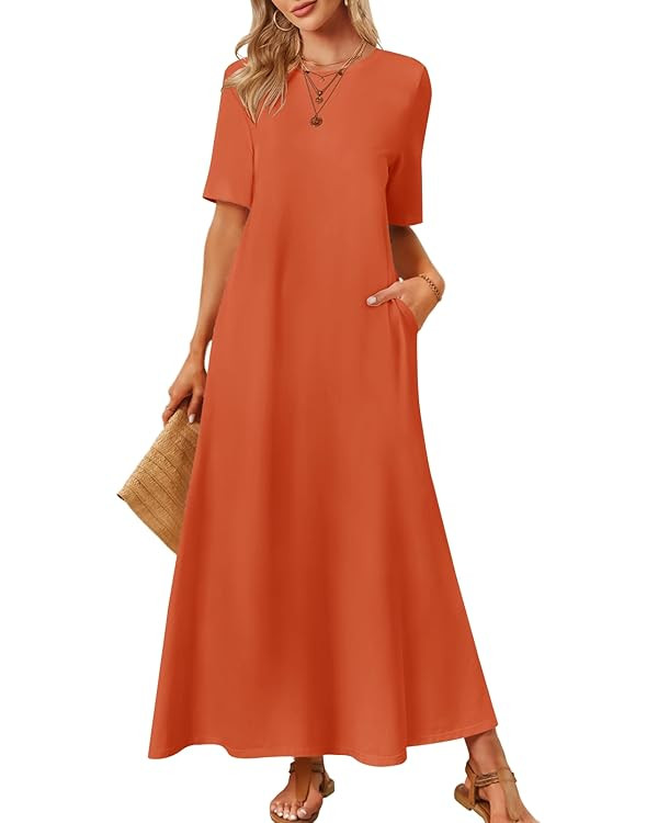 MEROKEETY Women's 2025 Summer Casual Maxi Dress Beach Vacation Short Sleeve Crewneck Basic Long T... | Amazon (US)
