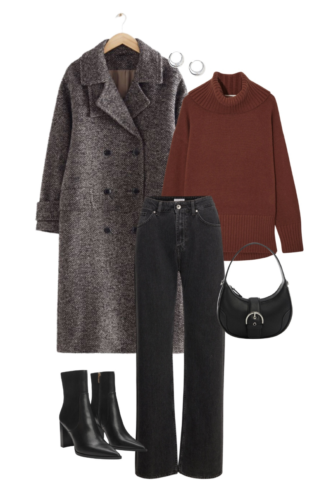 Cute fall outfit inspo: an oversized coat, a cashmere turtleneck jumper, black jeans, boots, a pair of silver earrings & a cute buckle bag

#LTKstyletip #LTKitbag #LTKshoecrush