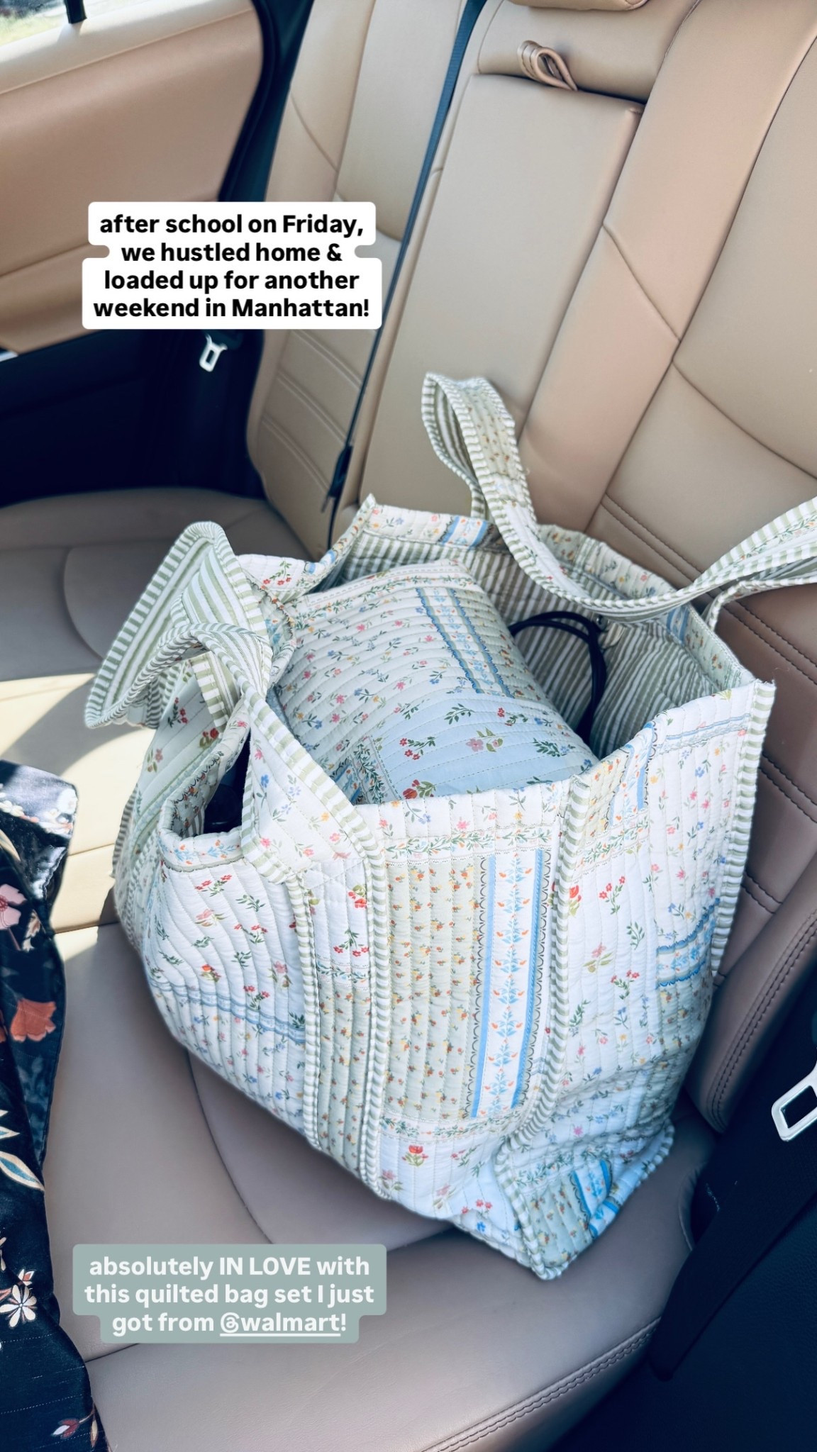 after school on Friday, we hustled home & loaded up for another weekend in Manhattan! absolutely IN LOVE with this quilted bag set I just got from @walmart!