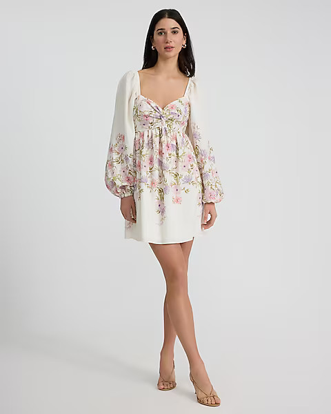 Floral Sweetheart Long Sleeve Tie Open Back Mini Fit And Flare Dress | Express