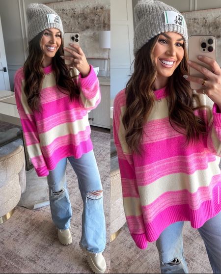 Wearing our Ellie Striped Sweater and Milano beanie.