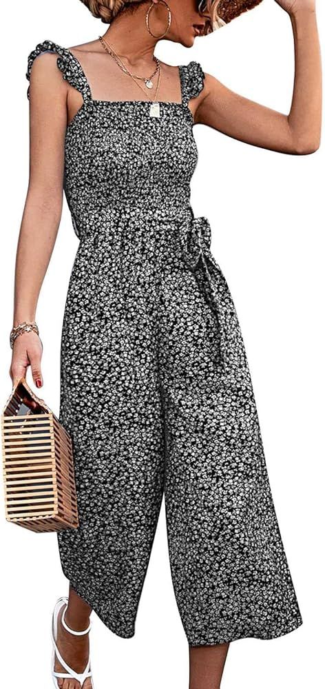 Women's Backless Elastic Jumpsuit Summer Sleeveless Ruffles Side Zipper 2 Pockets High Waist Flor... | Amazon (US)
