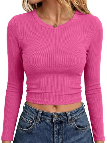 ANRABESS Crop Top Long Sleeve Shirts for Women, Hot Pink, M | Amazon (US)