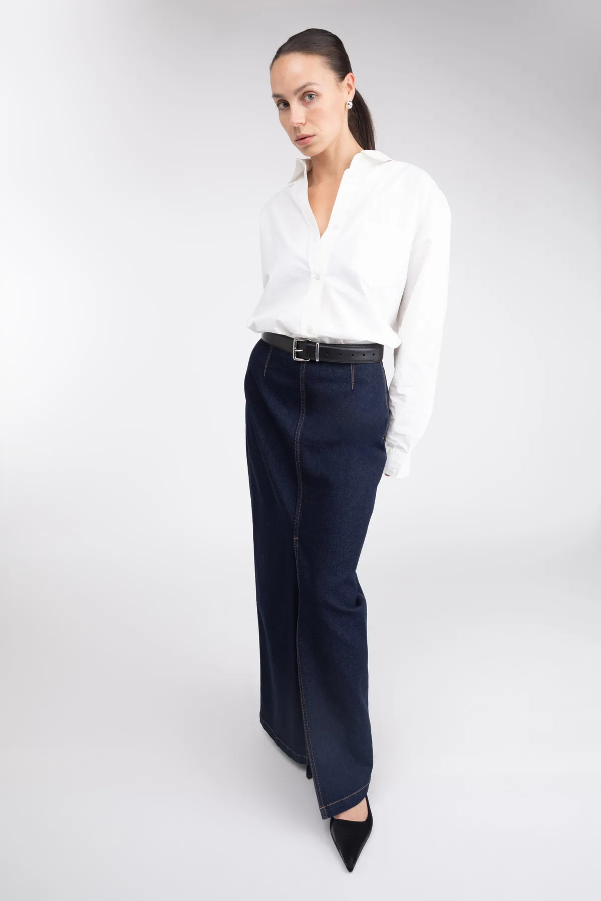 DENIM COLUMN MAXI SKIRT | OAK + FORT