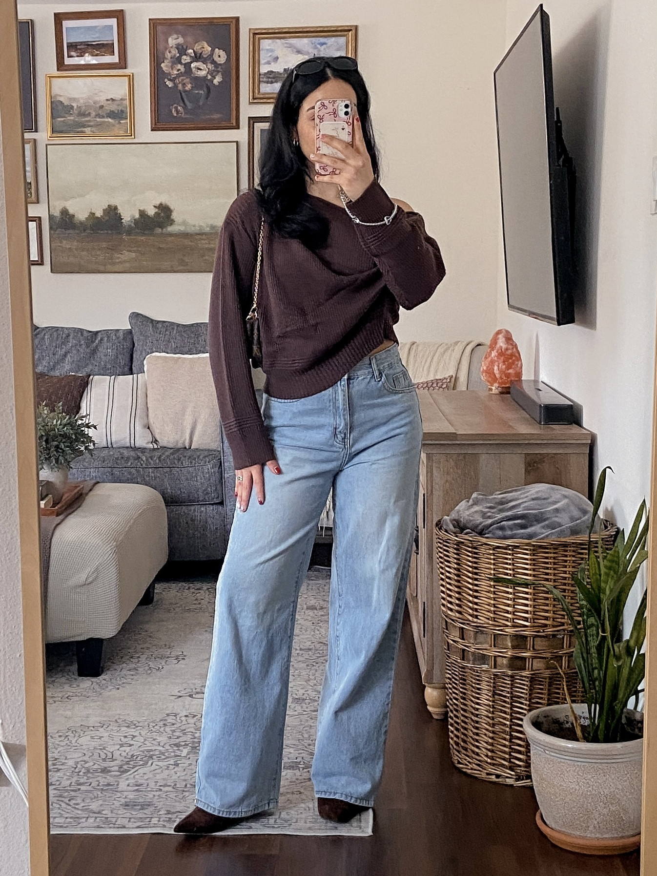 ootd: when cozy meets put-together 🤎🐻👜👢 cozy chic outfit, brown off the shoulder sweater outfit, amazon sweater outfit, slouchy sweater look, casual chic fall outfit, neutral outfit inspo, comfy but put together outfit, everyday chic style, relaxed fall outfit, elevated casual look, loose fitting jeans outfit, relaxed denim styling, brown suede pointed toe boots, fall boots outfit, neutral mini shoulder bag, simple outfit layering, casual outfit ideas, cozy fall fashion, effortless outfit styling, neutral shoulder bag outfit, minimalist bag styling, chic everyday bag, classic accessories outfit, simple neutral accessories, cozy aesthetic, effortless chic vibes, pinterest inspired outfit, minimal girl style, clean girl aesthetic, soft neutral tones, calm cozy fashion, slow living outfit vibes  

 #LTKdayinmylife #LTKgrwm #LTKootd