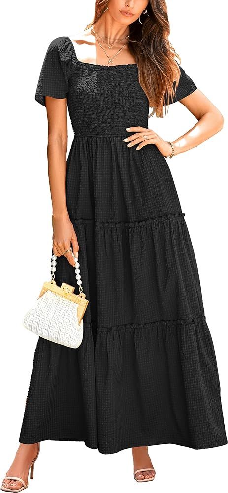 PRETTYGARDEN Womens Square Neck Smocked Tiered Ruffle Long Swing Boho Dress With Pockets | Amazon (US)