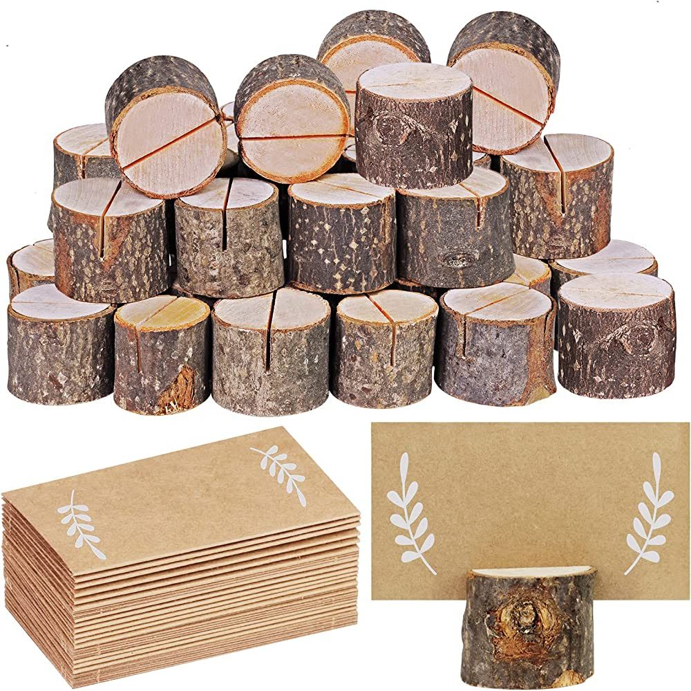 30 Pcs Rustic Wood Place Card Holders Circular Table Numbers Holder Stand Wooden Bark Memo Holder... | Amazon (US)