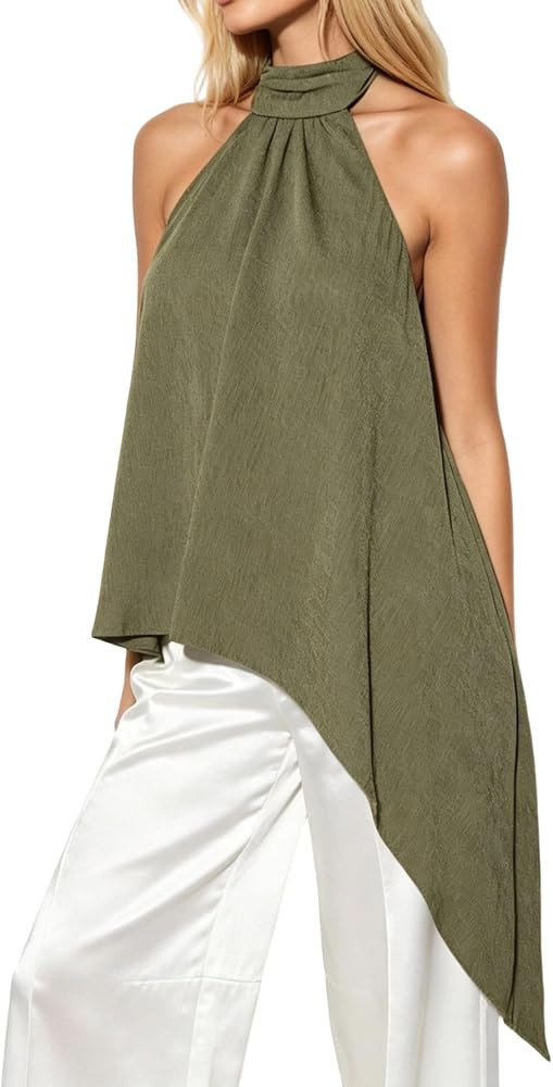 SHENHE Women's Mock Neck Halter Top Open Back Asymmetrical Flowy Chiffon Long Tank Dressy Top | Amazon (US)