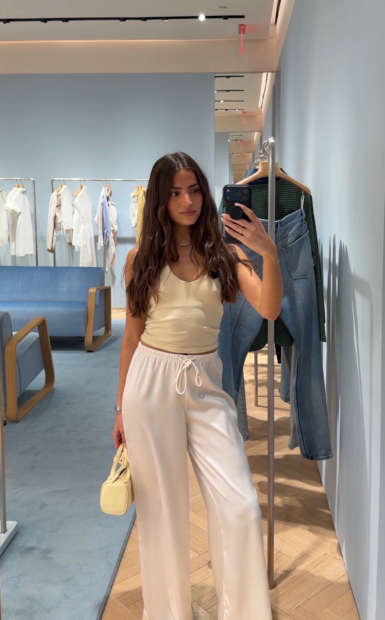 Elevated casual look I keep reaching for lately! ☁️🧈🌼 The butter yellow top, satin white pants + butter yellow bag is so chic for summer. @Dynamite Clothing  @Revolve  @ULTA Beauty  

Summer outfit
Butter yellow
Everyday elevated outfit
Resort wear
Vacation style
Beauty
Beach waver

#LTKgrwm #LTKootd #LTKSeasonal
