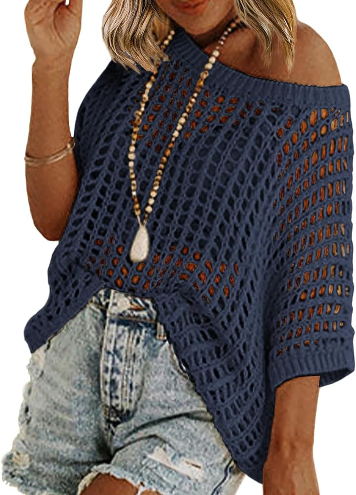 Zeagoo Short Sleeve Crochet Sweater Lightweight Summer Tops Loose Hollow Out Crewneck Pullover | Amazon (US)