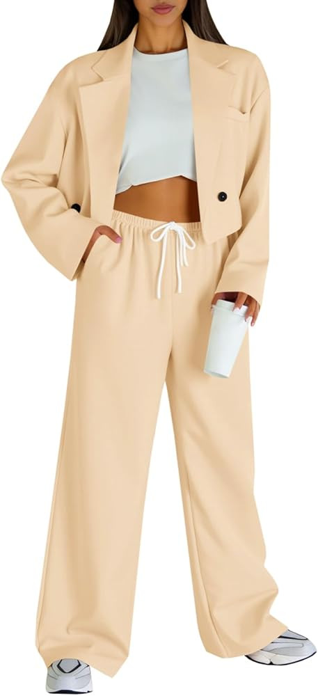 Fisoew Women's 2 Piece Outfits Casual Crop Blazer Jackets Loose Wide Leg Pants Fall Dressy Busine... | Amazon (US)
