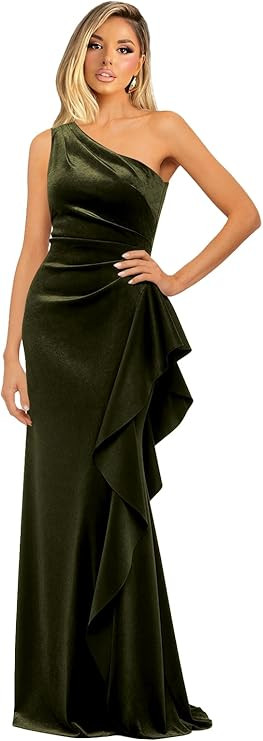 Long Ruffles Fall Formal Dresses for Women Plus Size One Shoulder Mermaid Velvet Prom Bridesmaid ... | Amazon (US)