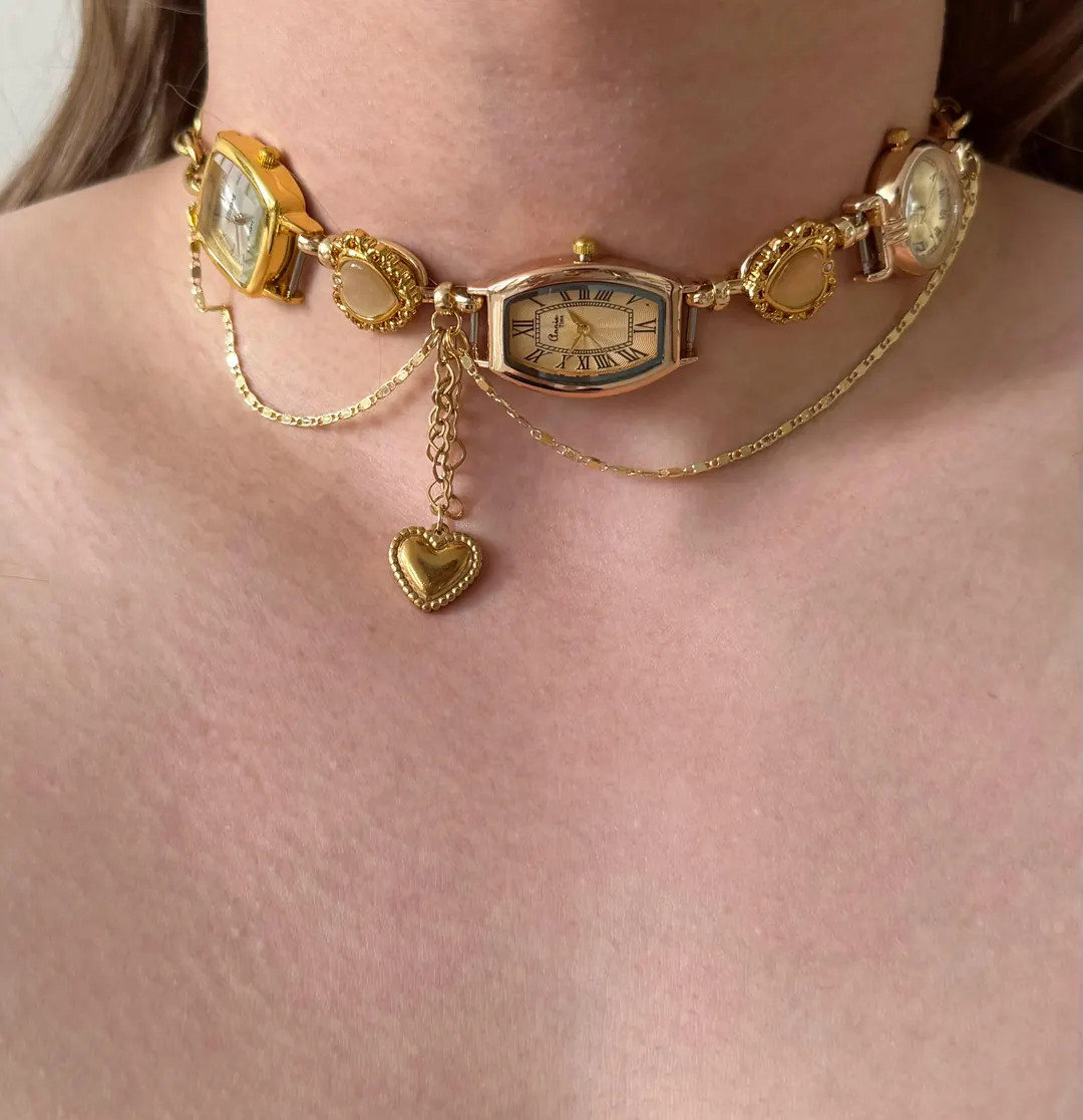 Gold Charm 2Watch Choker with Layered Chain and Heart Dangle, Vintage Timepiece Jewelry, Handmade... | Etsy (US)