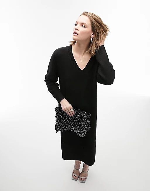 Topshop knit v neck maxi dress in black | ASOS (Global)