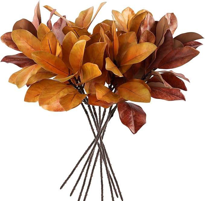 MISSPIN Artificial Fall Magnolia Leaves Stems 8 PCS, Fall Decorations for Indoor Outdoor Hallowee... | Amazon (US)