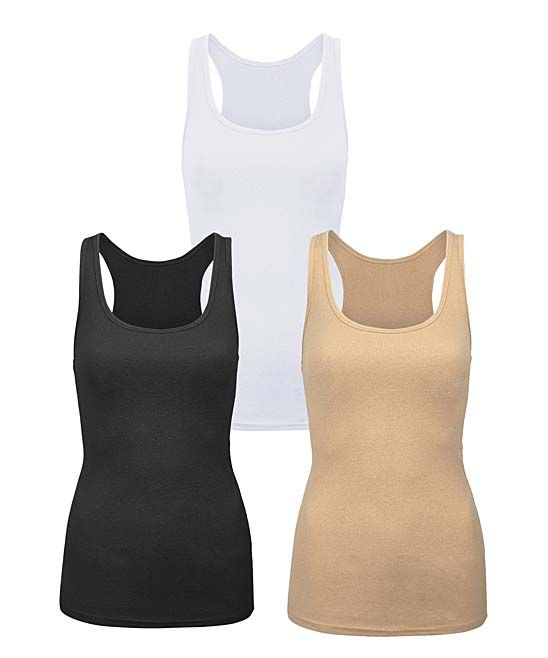 SBS Basics Women's Tank Tops Asst - Khaki & White Ribbed Racerback Tank Set - Women | Zulily