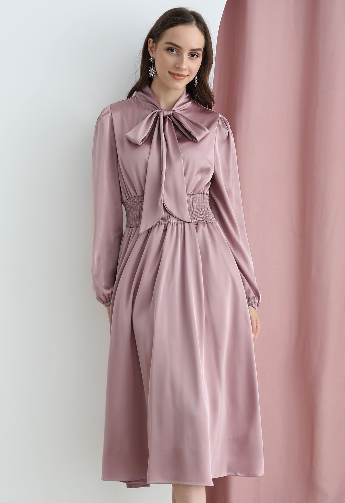 Bowknot Shirred Waist Satin Midi Dress in Pink | Chicwish