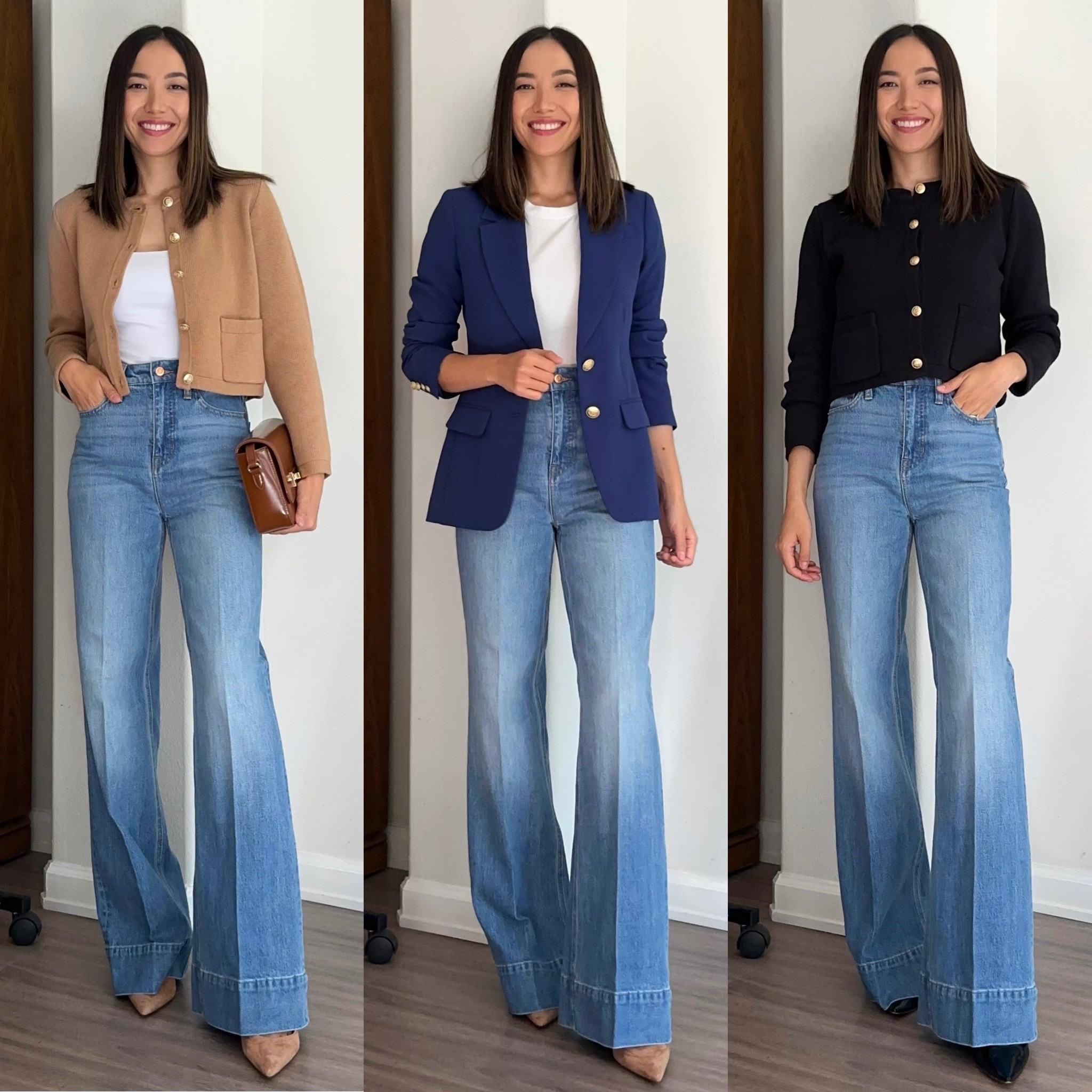 Workwear styling j.crew denim trousers 3 different ways

Wide leg jeans 25 regular - petite would have been best for my 5’4 height 
Tan sweater with pockets & black sweater - xs, j.crew 
Seamless tank from Abercrombie 
Italian leather bag 

Dark blue Willa blazer 
White Cotton tshirt 
Leather belt 

Linked similar comfier work heels on sale at Nordstrom! 

Classic workwear / capsule workwear / business casual workwear styling jeans / minimalist style 

#LTKstyletip #LTKworkwear #LTKunder100