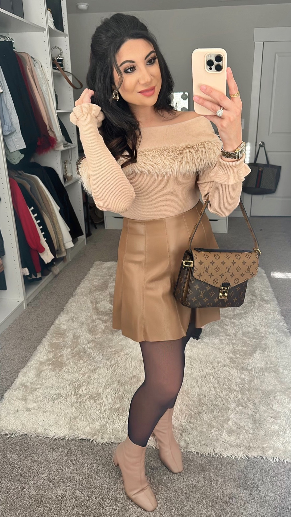 Off the shoulder faux fur trim detail blouse 🤍 
-Runs big, wearing a size medium but would have fit better as a size small! 

House of Harlow mini pleated tan skirt bought last year from Revolve, linked many different similar options 🤎 

Two tone Louis Vuitton Pochette Métis.

#LTKsalealert #LTKfindsunder100 #LTKparties