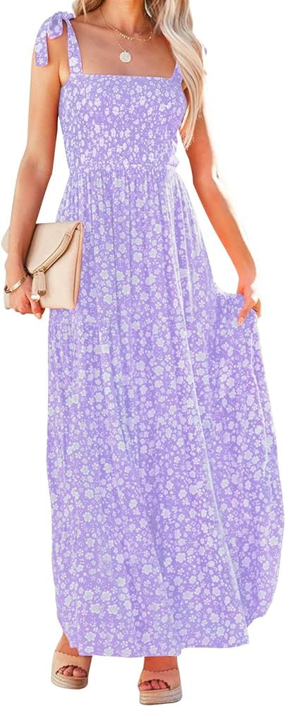 ZESICA Women's Boho Summer Floral Print Tie Straps Sleeveless Square Neck Smocked Flowy Ruffle A ... | Amazon (US)