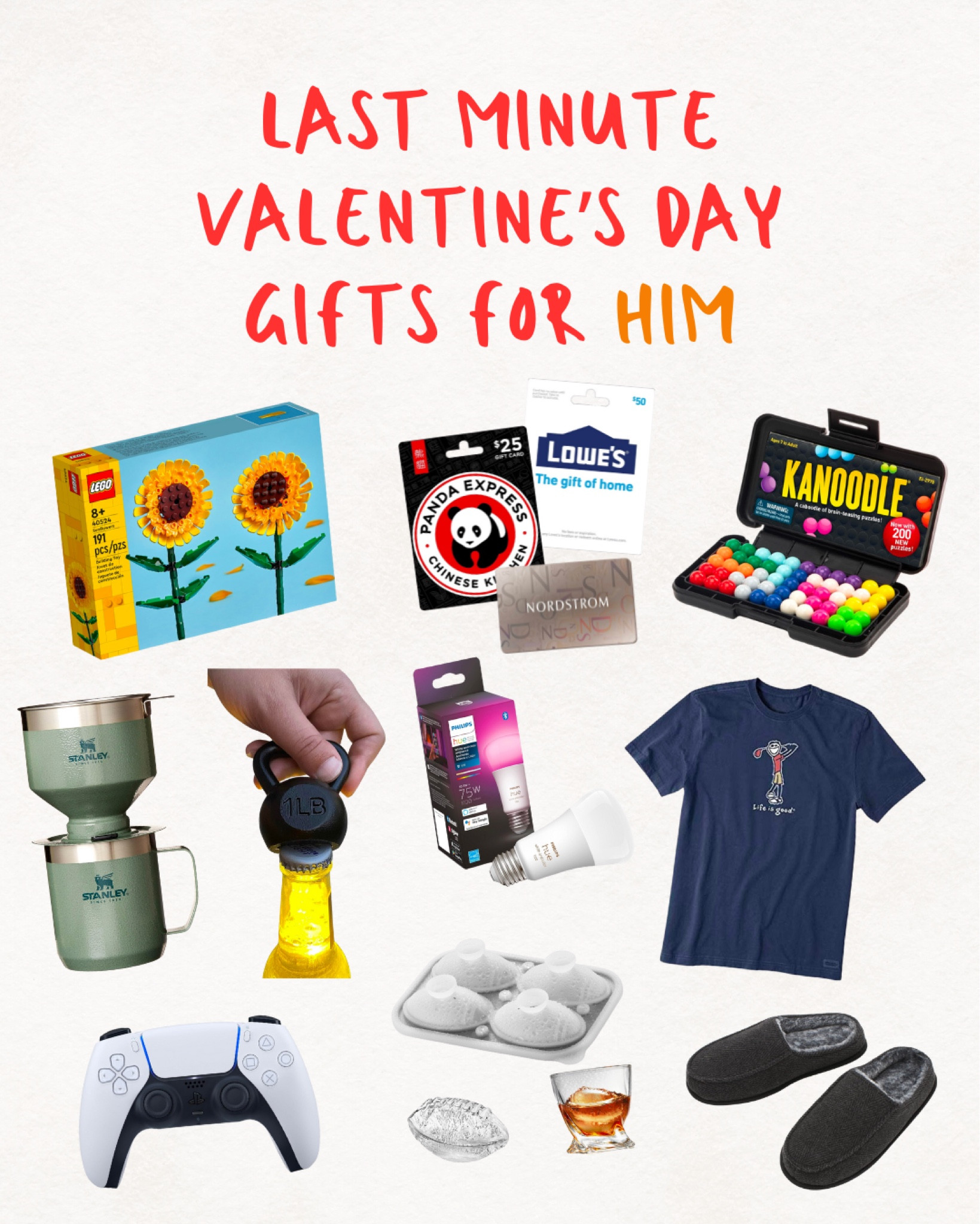 Valentine's Day, gift for him, last minute, Lego, Stanley cup, golf, golfing, ice mold, beer, game night, games, slippers, PlayStation, boyfriend, husband, brother 