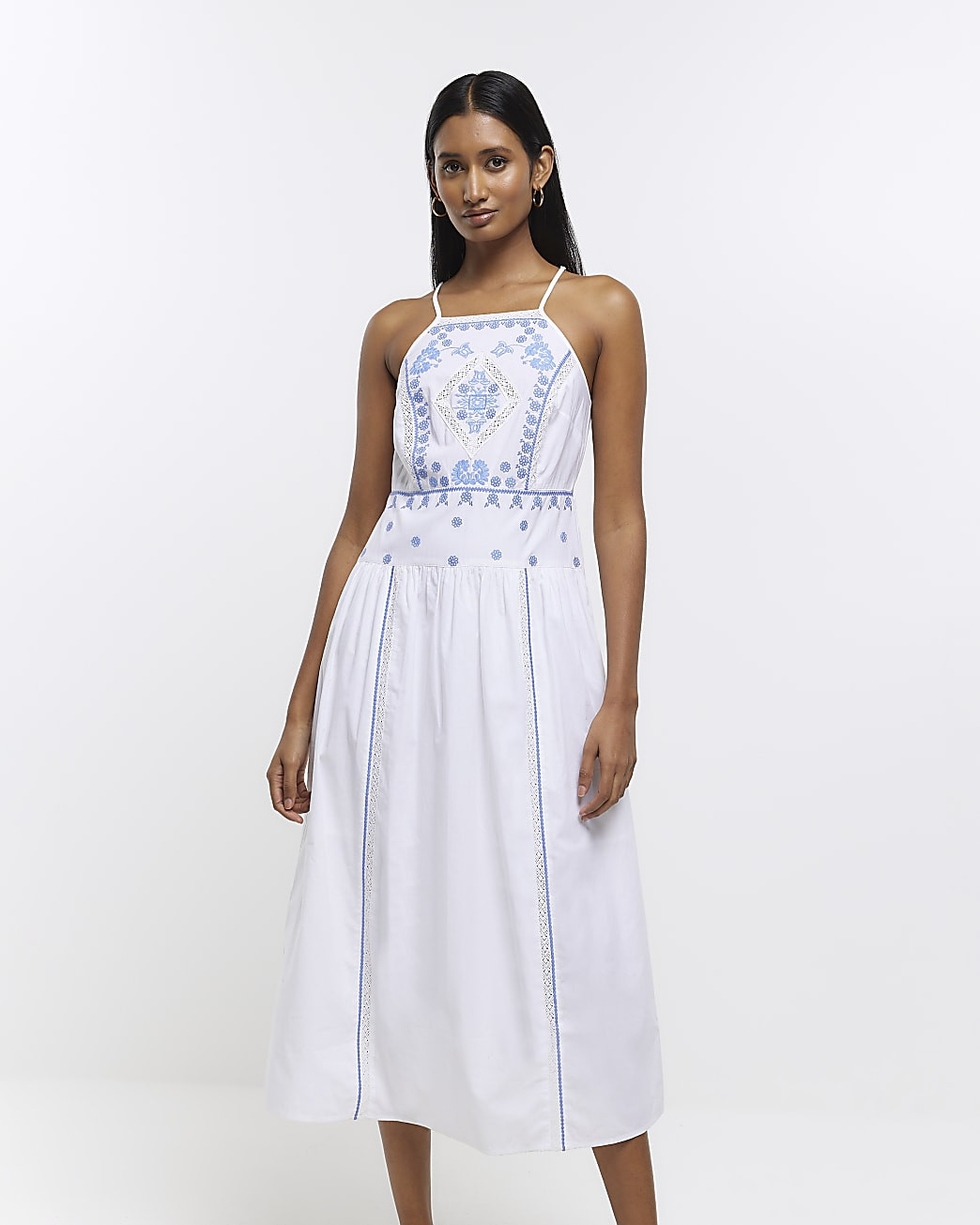 White embroidered floral shift midi dress | River Island (UK & IE)