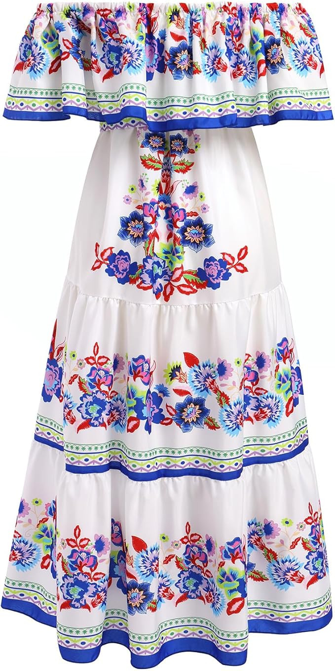 Women Mexican Dress Summer Floral Print Traditional Ethnic Wear Off Shoulder Beach Holiday Party ... | Amazon (US)