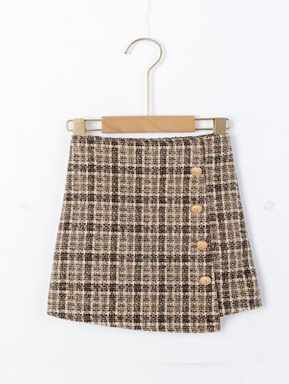 Toddler Girls Plaid Asymmetrical Hem Tweed Skirt | SHEIN