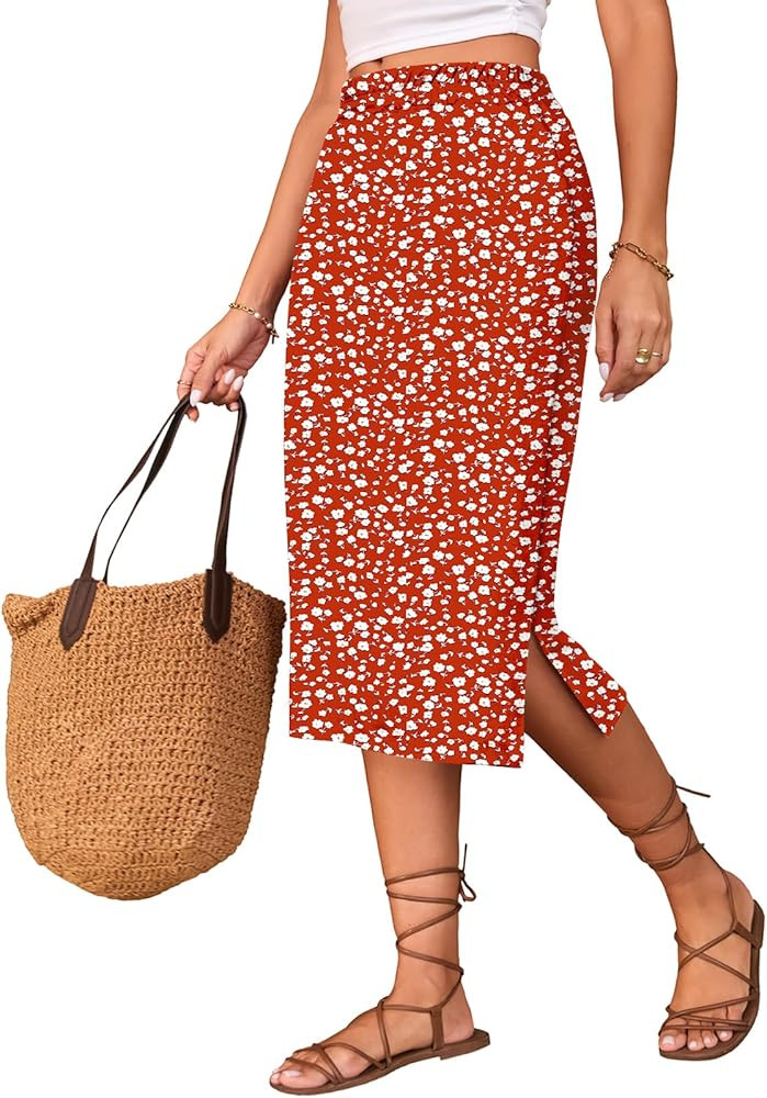 Naggoo Midi Skirts for Women Summer Elastic High Waisted Side Slit Long Skirts | Amazon (US)