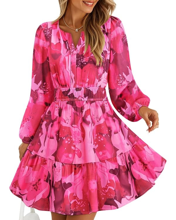 ZESICA Womens Spring Long Sleeve Floral Mini Dress 2026 Summer Boho V Neck A-Line Flowy Dresses B... | Amazon (US)
