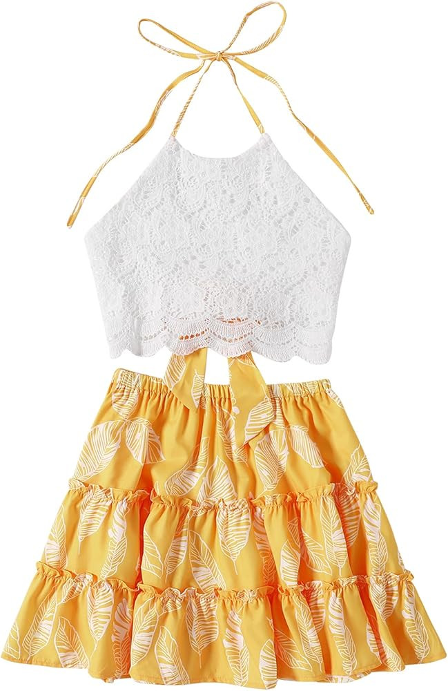 LYANER Women's 2 Piece Outfits Summer Lace Halter Cami Crop Top with Floral Mini Skirt Set | Amazon (US)