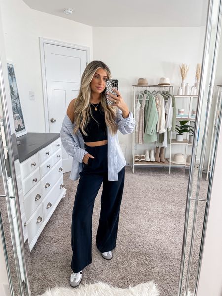 Casual fall outfit inspo 🫶🏼 my trousers are on SALE! 
+ H&M tank top | xs 
+ Walmart button down | medium 
+ Abercrombie trousers | 25 short 
+ adidas samba sneakers | size 6
+ code KAIT20 to save on electric picks 

#LTKsalealert #LTKunder100 #LTKSeasonal