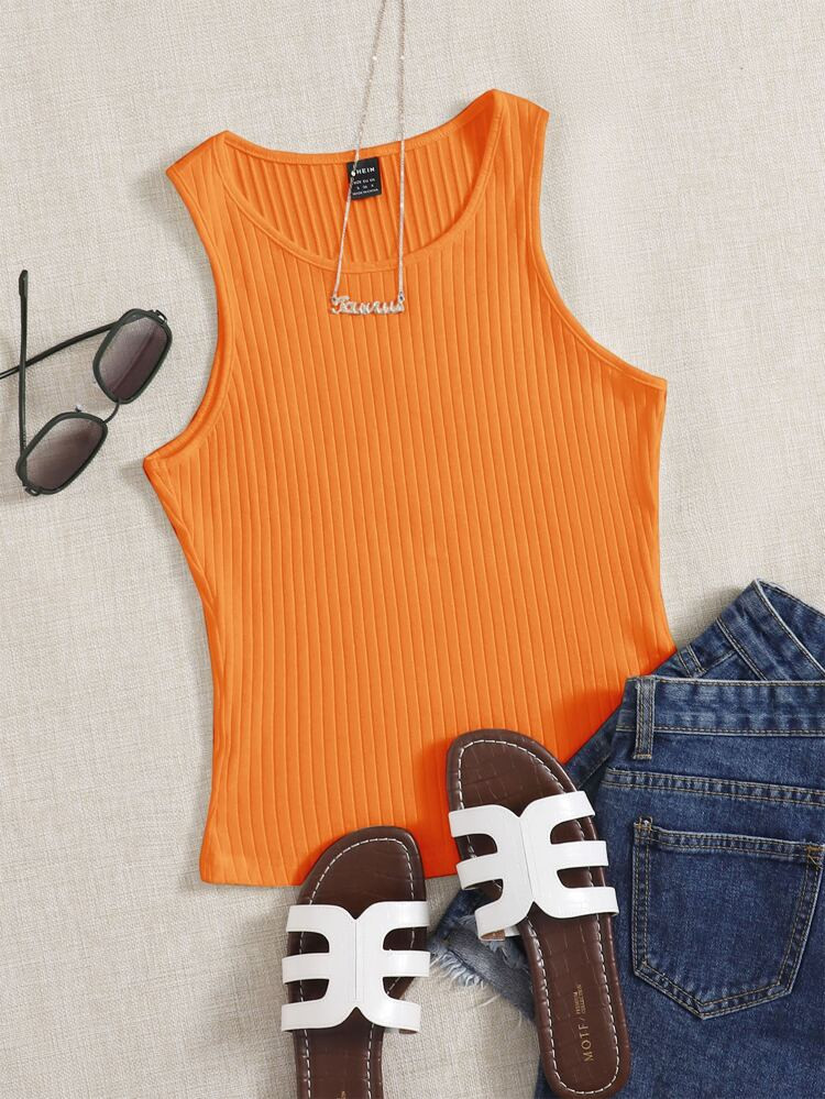 SHEIN EZwear Solid Rib Knit Tank Top | SHEIN