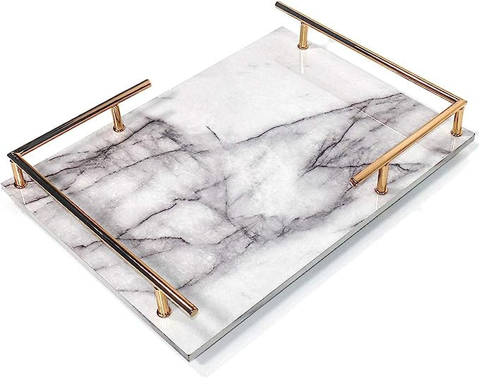 PuTwo Decorative Tray, MDF Tray with Marble Print, Handmade Vanity Tray, Perfume Tray with Gold M... | Amazon (US)