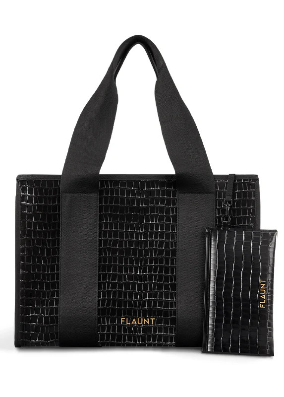 Black Crocodile Faux Leather Everyday Tote Bag | FLAUNT