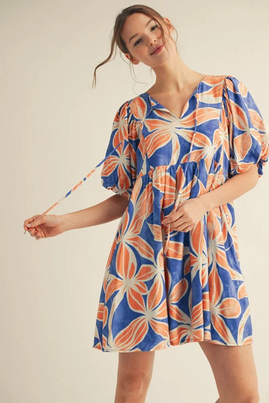 Royal Blue Floral Front Tie Puff Sleeve Dress | PinkBlush Maternity