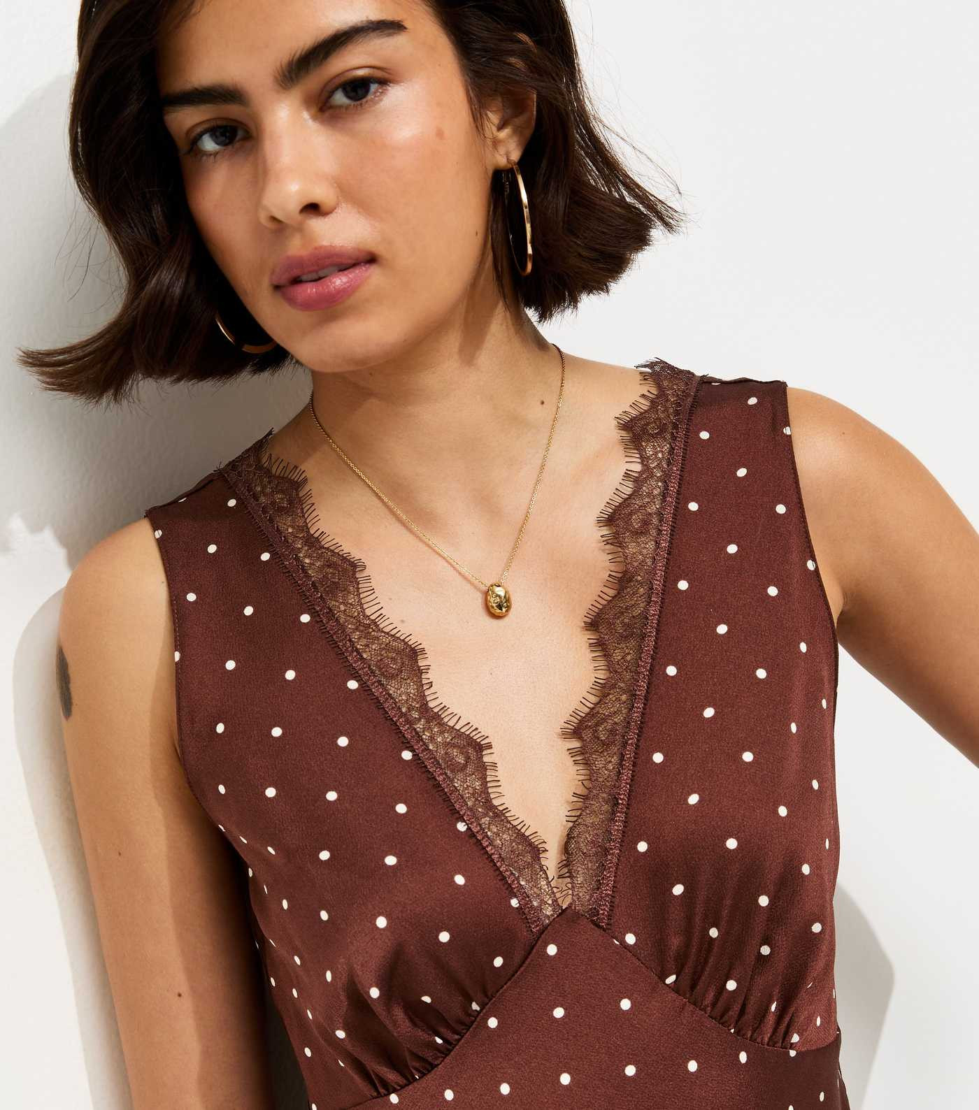 Brown Polka Dot Satin Lace Trim Midi Dress | New Look | New Look (UK)