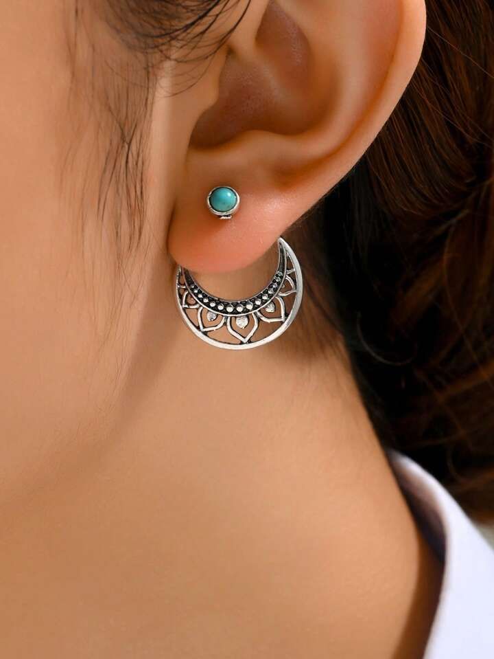 1pair Metal Geometric Shape Inlaid Turquoise Hollow Out Bohemian Elegant Stud Earrings | SHEIN