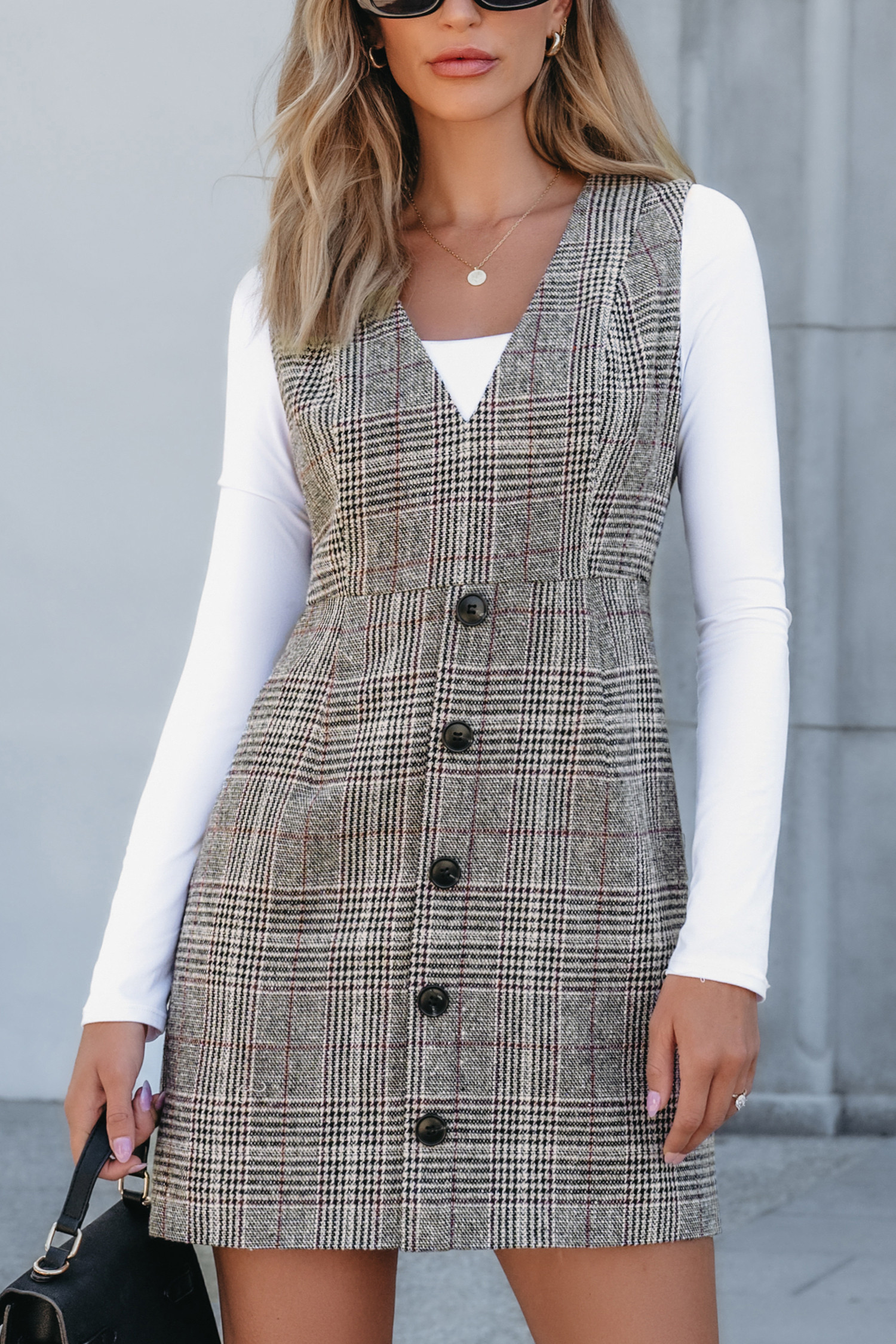Grey Plaid V-Neck Sleeveless Mini Dress | Cupshe US