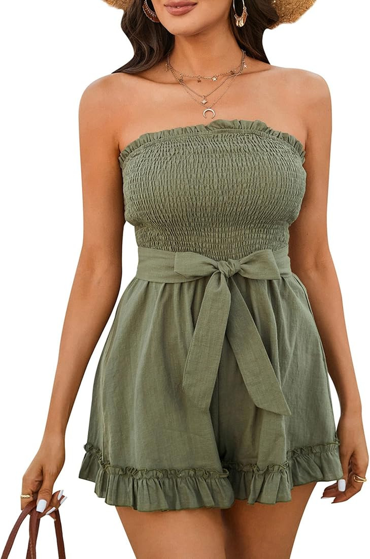 Zexxxy Women’s Summer Rompers Cotton Linen Smocked Short Jumpsuits Off Shoulder Ruffle Vacation Beac | Amazon (US)