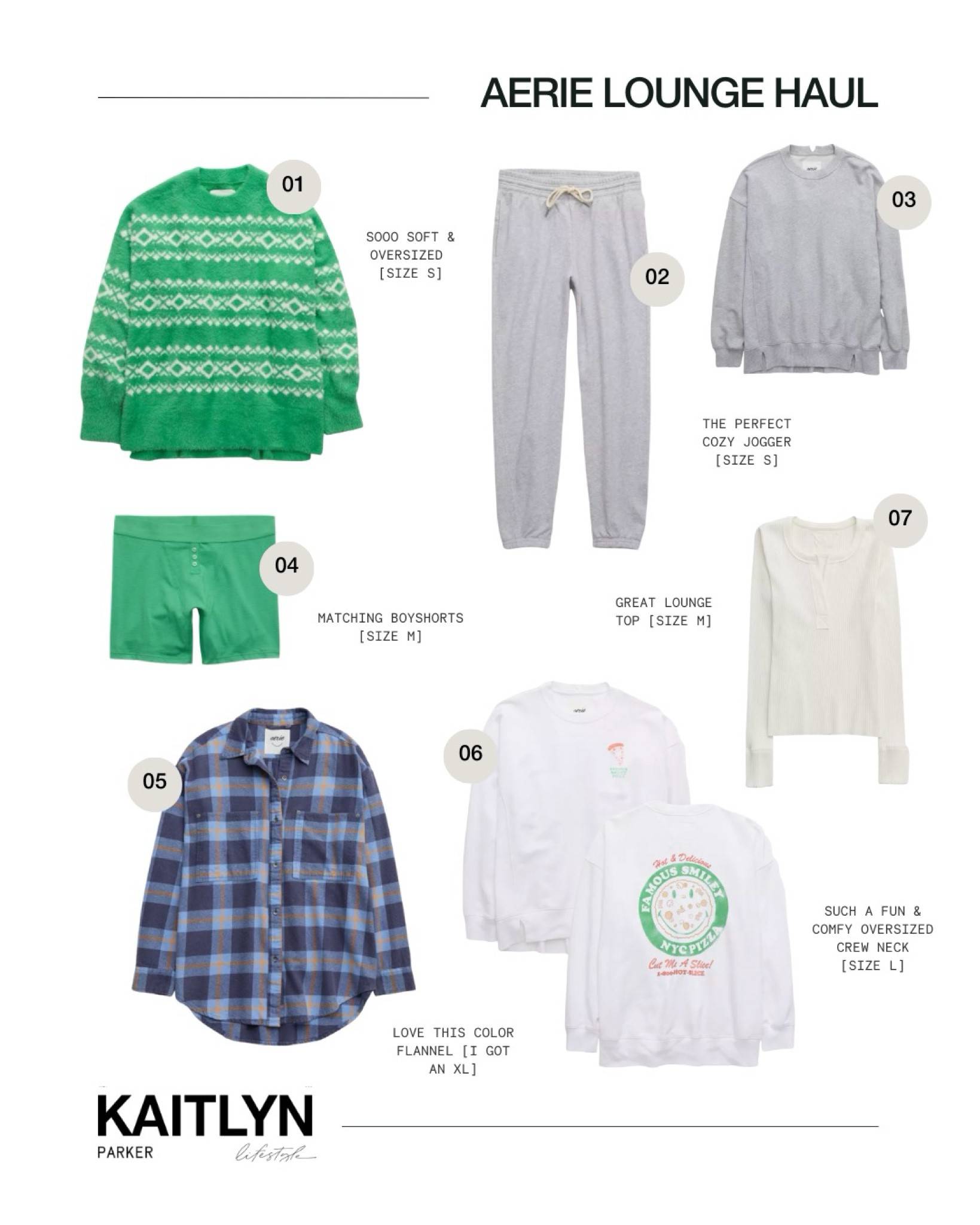 at 24 weeks pregnant, I wanted some extra cozy lounge pieces and I loved all of these while in the aerie store. my sizing is all over the place based on how I wanted it to fit, so I included them all in the graphic! there’s an aerie sweater sale happening right now & the pizza sweatshirt is on clearance! 🍕🎄🤍 