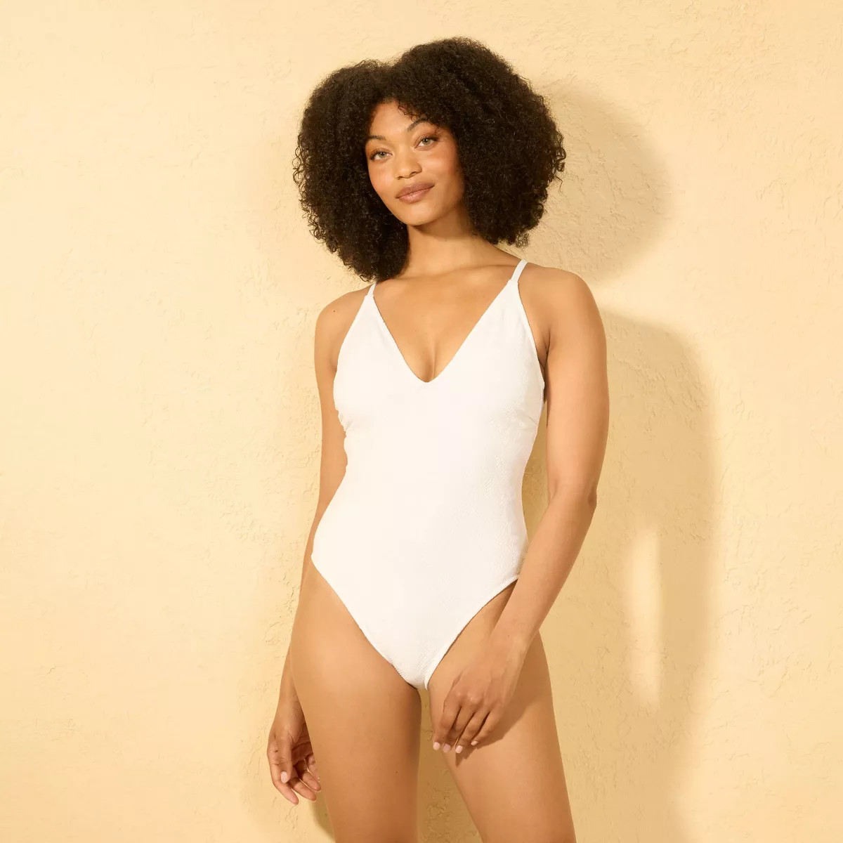 Women's Lace Plunge Neck High Leg Cheeky One Piece Swimsuit - Shade & Shore™ Cream | Target