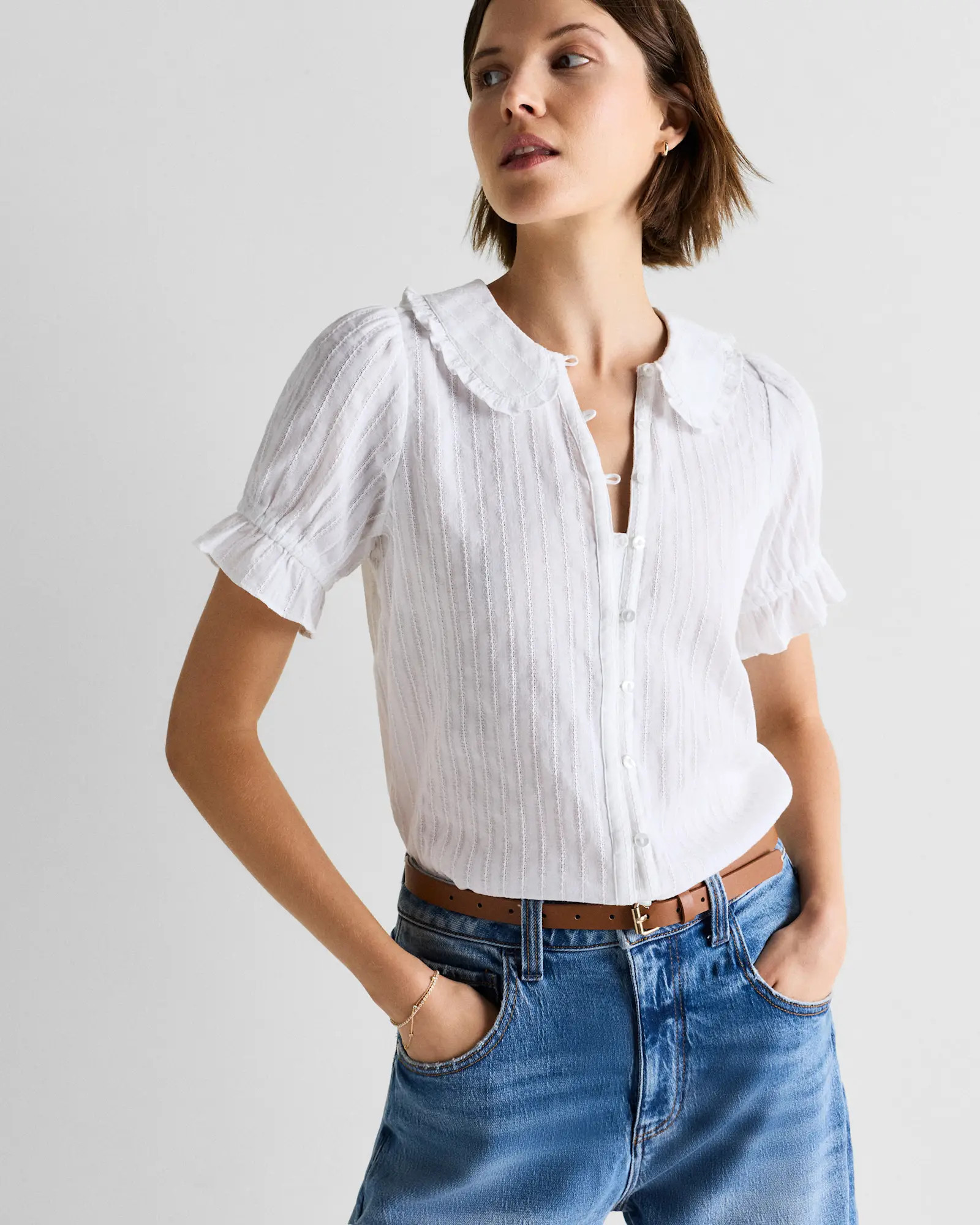 Embroidered Cotton Ruffle Collar Short Sleeve Blouse | Quince