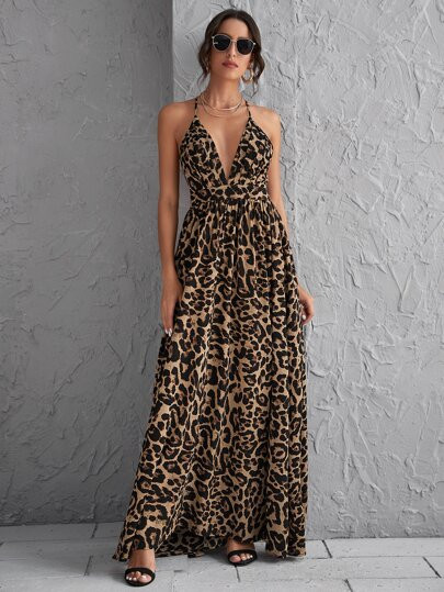 SHEIN Plunging Neck Crisscross Open Back Leopard Dress | SHEIN