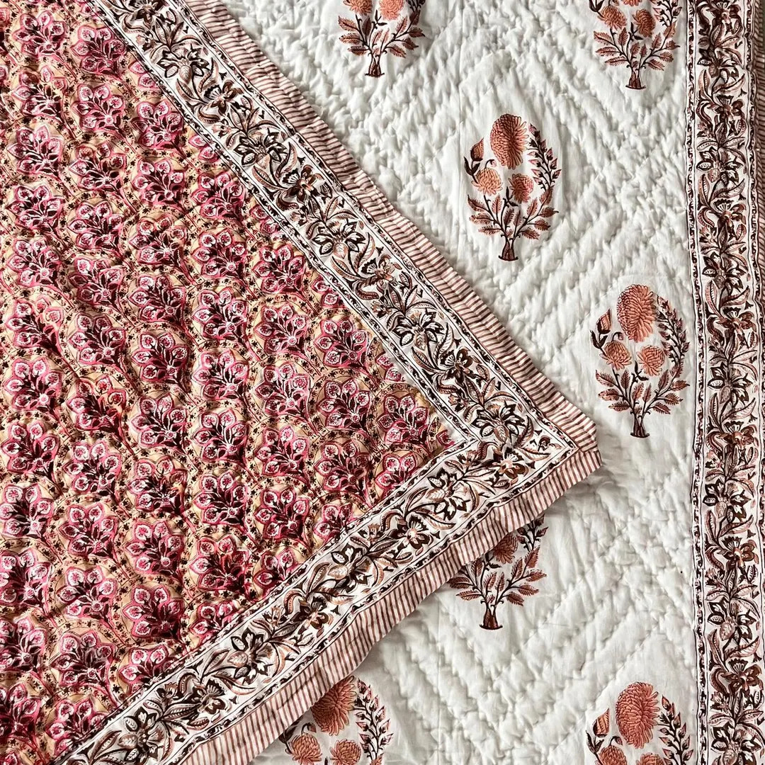 Handmade Vintage Quilt, Jaipuri Block Print Cotton Comforter, Reversible Kantha Bedding | Etsy (US)
